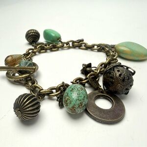 Vintage Brass Tone Charm Bracelet Toggle Clasp 8” Retro Boho Statement Jewelry